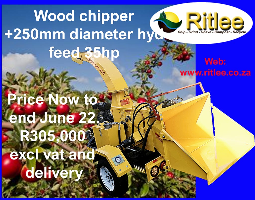 Hydraulic feed wood chipper mounted on trailer with 35Hp Briggs engine twin cylinder-- Fixed great price till end June