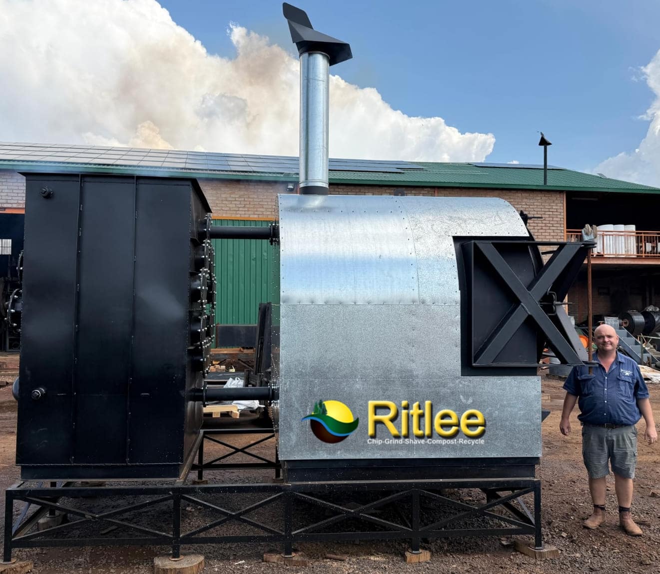 Biochar kiln with condenser side on view