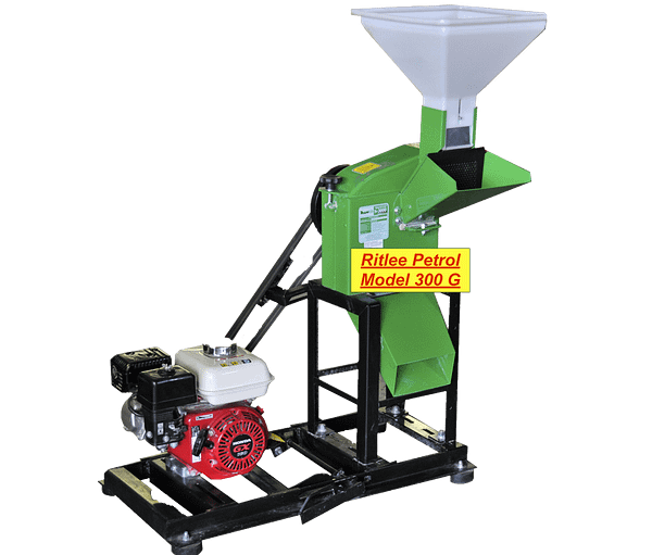 Petrol engine TRF300 with 5,5hp Briggs producing 50 to 1400 kg/hour Max diameter when chipping 20mm